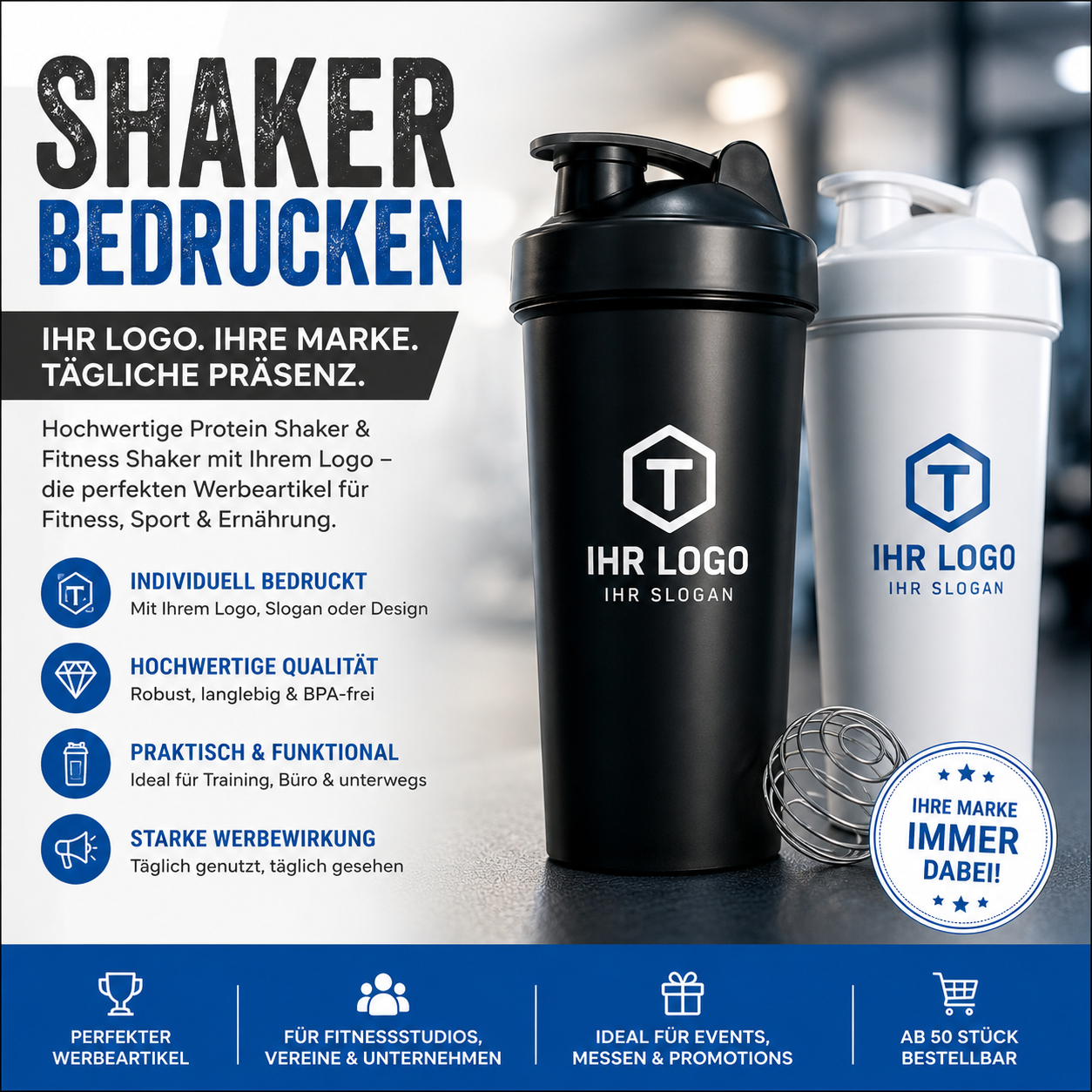 Shaker mit Logo bedrucken lassen ✓ Protein Shaker & Fitness Shaker individuell gestalten